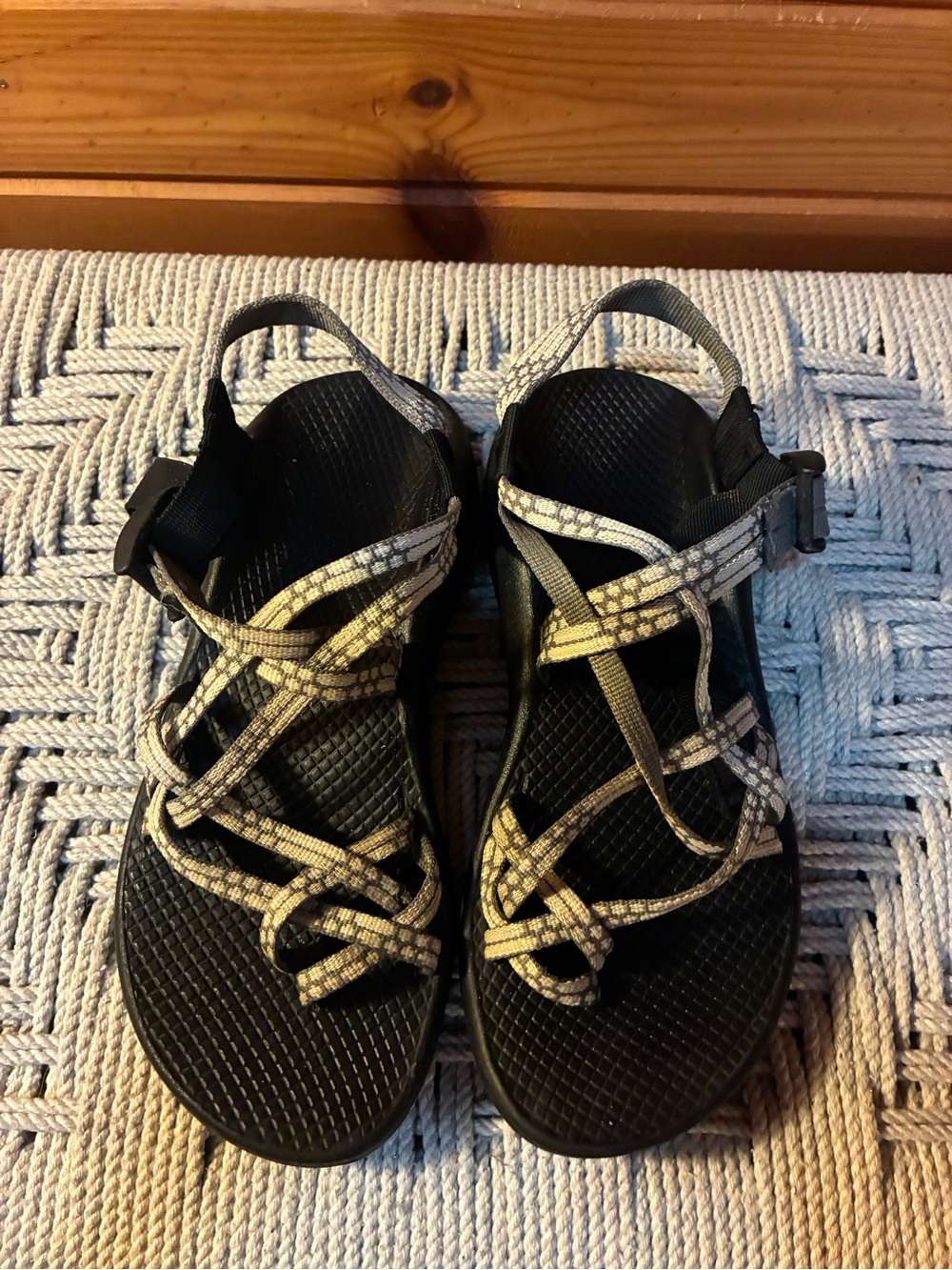 Chaco Women's Black Sandals with Grey Patterned Straps. Size 8